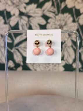 Tory Burch Blush Pink Enamel Drop Earrings with Gold Logo NWT